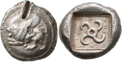 Greek DYNASTS OF LYCIA. Teththiweibi, circa 450-430/20 BC. Stater (Silver, 19 mm, 8.48 g), Kandyba. Winged lion walking left on round shield. Rev. 𐊗𐊁-𐊉𐊉𐊆-𐊇𐊁-𐊆𐊂𐊆 ('teththiweibi' in Lycian) Te