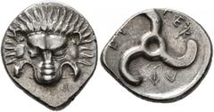 Greek DYNASTS OF LYCIA. Perikles, circa 380-360 BC. 1/3 Stater (Silver, 17 mm, 2.92 g). Facing lion's scalp. Rev. 𐊓𐊁-𐊕𐊆𐊋-𐊍𐊁 ('Perikle' in Lycian) Triskeles. BMC 155-7. Müseler VIII, 47-51. SNG 