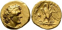 Greek PTOLEMAIC KINGS OF EGYPT. Ptolemy I Soter, 305-282 BC. Tetarte (Gold, 11 mm, 1.77 g, 1 h), Alexandria, circa 294-282. Diademed head of Ptolemy I to right, wearing aegis around neck. Rev. ΒΑΣΙΛΕΩ