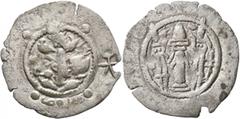 Central Asian HUNNIC TRIBES, Hephthalites. Drachm (Silver, 31 mm, 3.21 g, 4 h), imitating a drachm of the Sasanian King Peroz I (457/9-484) from Balkh. Termez (?), after 561/2. Draped bust of Peroz I 