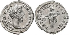 Roman Imperial Marcus Aurelius, 161-180. Denarius (Silver, 20 mm, 3.52 g, 6 h), Rome, December 167-February 168. M ANTONINVS AVG ARM PARTH MAX Laureate head of Marcus Aurelius to right. Rev. TR P XXII