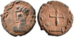 Early Medieval & Islamic UNCERTAIN GERMANIC TRIBES, Pseudo-Imperial coinage. Late 5th century or slightly later. Nummus (Bronze, 10 mm, 0.65 g, 7 h). Bare male head to left within wreath. Rev. Cross w