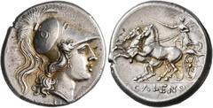 The Kleinkunst Collection CAMPANIA. Cales. Circa 268-260 BC. Didrachm or Nomos (Silver, 23 mm, 7.35 g, 6 h). Head of Athena-Minerva to right, wearing crested Corinthian helmet decorated with a coiled 