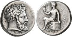 The Kleinkunst Collection BRUTTIUM. Lokroi Epizephyrioi. Circa 350-330 BC. Stater (Silver, 20 mm, 7.18 g, 3 h), perhaps 346. 𐤆EYΣ Laureate and bearded head of Zeus to right. Rev. ΛOKPΩN Eirene, nude 