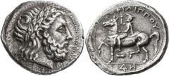 The Kleinkunst Collection KINGS OF MACEDON. Philip II, 359-336 BC. Tetradrachm (Silver, 28 mm, 14.09 g, 7 h), Amphipolis, circa 356-355. Laureate head of Zeus to right. Rev. ΦΙΛΙΠΠΟΥ Philip II on hors
