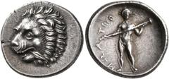 The Kleinkunst Collection THESSALY. Oitaioi. Circa 360s-340s BC. Hemidrachm (Silver, 17 mm, 2.83 g, 12 h), Herakleia Trachinia. Head of a lion to left, holding spear in its jaws. Rev. OITAΩN Herakles 