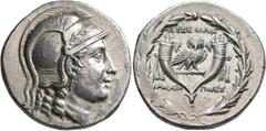 The Kleinkunst Collection IONIA. Lebedos. Circa 150-143/2 BC. Tetradrachm (Silver, 29 mm, 16.67 g, 1 h), Anaxipolis, magistrate. Head of Athena to right, wearing triple-crested Attic helmet decorated 