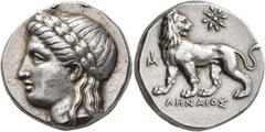 The Kleinkunst Collection IONIA. Miletos. Circa 350-334 BC. Tetradrachm (Silver, 23 mm, 15.40 g, 12 h), Lenaios, magistrate. Laureate head of Apollo to left. Rev. ΛHNAIOΣ Lion standing left, head turn