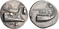 The Kleinkunst Collection LYCIA. Phaselis. Circa 250-221/0 BC. Stater (Silver, 23 mm, 10.32 g, 3 h), Timarchos, magistrate. Prow of galley to right, ornamented with an eye; to right, cicada; below, hi
