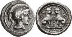 The Kleinkunst Collection LYCIA. Tlos. Circa 400-380 BC. Stater (Silver, 22 mm, 8.06 g, 4 h). Head of Athena to right, wearing crested Attic helmet decorated with three olive leaves and palmette. Rev.