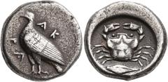 Greek SICILY. Akragas. Circa 480/478-470 BC. Didrachm (Silver, 20 mm, 8.33 g, 2 h). AK-PA Eagle standing left with closed wings. Rev. Crab; below, grain ear; all within shallow circular incuse. BMC 33