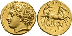 Greek SICILY. Syracuse. Agathokles, 317-289 BC. 50 Litrai or Dekadrachm (Gold, 16 mm, 4.27 g, 9 h), circa 317-310. Laureate head of Apollo to left. Rev. ΣYP-A-KO-ΣIΩN Charioteer driving fast biga to r