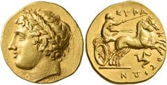 Greek SICILY. Syracuse. Agathokles, 317-289 BC. 50 Litrai or Dekadrachm (Gold, 16 mm, 4.28 g, 8 h), circa 317-310. Laureate head of Apollo to left. Rev. ΣYPA-K-OΣIΩN Charioteer driving fast biga to ri