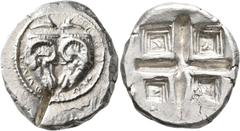 Greek PHOKIS. Delphi. Circa 485-475 BC. Tridrachm (Silver, 28 mm, 18.65 g), Aeginetic standard. ΔAΛΦ[I]KON Two rhyta in the form of ram's heads; above, two dolphins swimming towards each other. Rev. Q