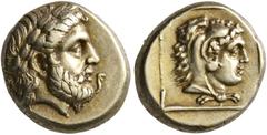 Greek LESBOS. Mytilene. Circa 377-326 BC. Hekte (Electrum, 11 mm, 2.58 g, 11 h), circa 333-326. Laureate head of Zeus to right; before, small serpent. Rev. Head of Herakles to right, wearing lion skin
