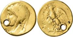 Roman Provincial MACEDON. Koinon of Macedon. Pseudo-autonomous issue. 'Aureus' (Gold, 20 mm, 7.13 g, 12 h), time of Elagabalus to Severus Alexander, 218-235. Veiled and diademed head of Olympias to le