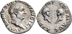 Roman Imperial Vitellius, with his children, 69. Denarius (Silver, 18 mm, 3.00 g, 6 h), Rome, circa late April–20 December 69. A VITELLIVS GERM IMP AVG TR P Laureate head of Vitellius to right. Rev. L