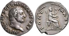 Roman Imperial Vitellius, 69. Denarius (Silver, 19 mm, 3.09 g, 5 h), Rome, circa late April–20 December 69. A VITELLIVS GERM IMP AVG TR P Laureate head of Vitellius to right. Rev. PONT MAXIM Vesta sea