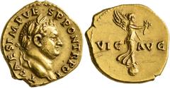 Roman Imperial Titus, as Caesar, 69-79. Aureus (Gold, 19 mm, 7.44 g, 7 h), Rome, 72-73. T CAES IMP VESP PONT TR POT Laureate head of Titus to right. Rev. VIC - AVG Victory standing right on globe, hol