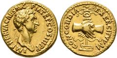 Roman Imperial Nerva, 96-98. Aureus (Gold, 18 mm, 7.65 g, 7 h), Rome, 97. IMP NERVA CAES AVG P M TR P COS III P P Laureate head of Nerva to right. Rev. CONCORDIA EXERCITVM Clasped right hands holding 