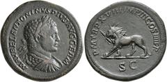 Roman Imperial Caracalla, 198-217. Sestertius (Orichalcum, 34 mm, 25.37 g, 1 h), Rome, 215. M AVREL ANTONINVS PIVS AVG GERM Laureate and cuirassed bust of Caracalla to right, seen from behind. Rev. P 