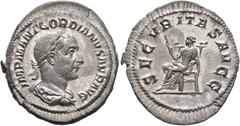 Roman Imperial Gordian I, 238. Denarius (Silver, 22 mm, 3.00 g, 7 h), Rome, March-April 238. IMP M ANT GORDIANVS AFR AVG Laureate, draped and cuirassed bust of Gordian I to right, seen from behind. Re
