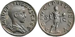 Roman Imperial Philip II, as Caesar, 244-247. Sestertius (Orichalcum, 29 mm, 19.82 g, 11 h), Rome. M IVL PHILIPPVS CAES Bare-headed and draped bust of Philip II to right, seen from behind. Rev. PRINCI