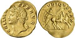 Roman Imperial Gallienus, 253-268. Aureus (Gold, 21 mm, 3.55 g, 7 h), Rome, 265. GALLIENVS P F AVG Head of Gallienus to left, wearing wreath of grain leaves. Rev. VBIQVE PAX Victory driving fast biga 