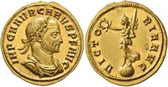 Roman Imperial Carus, 282-283. Aureus (Gold, 20 mm, 4.64 g, 1 h), Siscia, October 282-January 283. IMP C M AVR CARVS P F AVG Laureate, draped and cuirassed bust of Carus to right. Rev. VICTO-RIA AVG V