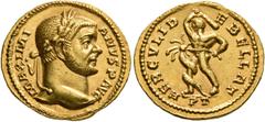 Roman Imperial Maximianus, first reign, 286-305. Aureus (Gold, 19 mm, 5.38 g, 7 h), Treveri, 294. MAXIMIANVS P AVG Laureate head of Maximianus to right. Rev. HERCVLI DEBELLAT / PT Hercules standing le