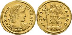 Roman Imperial Constantius II, 337-361. Solidus (Gold, 23 mm, 4.51 g, 6 h), Antiochia, 337-347. CONSTAN-TIVS AVG Laureate, draped and cuirassed bust of Constantius II to right. Rev. VICTO-RIA AVG / SM
