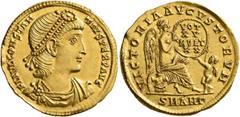 Roman Imperial Constantius II, 337-361. Solidus (Gold, 22 mm, 4.47 g, 6 h), Antiochia, 338/9. FL IVL CONSTAN-TIVS PERP AVG Pearl-diademed, draped and cuirassed bust of Constantius II to right. Rev. VI