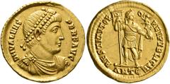 Roman Imperial Valens, 364-378. Solidus (Gold, 21 mm, 4.45 g, 5 h), Antiochia, 365. D N VALENS PER F AVG Pearl-diademed, draped and cuirassed bust of Valens to right. Rev. RESTITVTOR REI PVBLICAE / AN