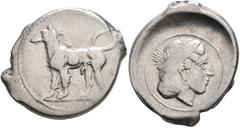 Greek SICILY. Segesta. Circa 440/35-430/25 BC. Didrachm (Silver, 25 mm, 8.31 g, 10 h). The river-god Krimisos, in the form of a hunting dog, standing left. Rev. ΣEΓEΣTA 𐤆IB Diademed head of the nymph