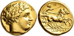 Greek KINGS OF MACEDON. Philip II, 359-336 BC. Stater (Gold, 16 mm, 8.49 g, 5 h), Amphipolis II. Struck under Philip II or Alexander II, circa 340/36-328. Laureate head of Apollo to right. Rev. ΦΙΛΙΠΠ