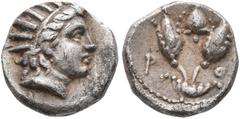 Greek ISLANDS OFF CARIA, Rhodos. Rhodes. Circa 275-250 BC. Diobol (Silver, 10 mm, 1.00 g, 12 h). Radiate head of Helios to right. Rev. P-O Two rose buds; above, helmet (?). HGC 6, 1450. A lovely small