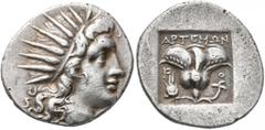 Greek ISLANDS OFF CARIA, Rhodos. Rhodes. Circa 170-150 BC. Drachm (Silver, 17 mm, 3.20 g, 12 h), 'Plinthophoric' coinage. Artemon, magistrate. Radiate head of Helios to right. Rev. APTHMΩN / P-O Rose 