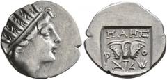 Greek ISLANDS OFF CARIA, Rhodos. Rhodes. Circa 88-84 BC. Drachm (Silver, 15 mm, 1.85 g, 12 h), 'Plinthophoric' coinage. Maes, magistrate. Radiate head of Helios to right. Rev. ΜΑΗΣ / P - O Rose with b