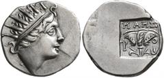 Greek ISLANDS OFF CARIA, Rhodos. Rhodes. Circa 88-84 BC. Drachm (Silver, 16 mm, 2.60 g, 12 h), 'Plinthophoric' coinage. Maes, magistrate. Radiate head of Helios to right. Rev. ΜΑΗΣ / P - O Rose with b