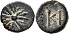 Greek PHRYGIA. Kibyra (?). Late 2nd-1st century BC. AE (Bronze, 12 mm, 1.81 g). Star of sixteen rays. Rev. KI. Savoca E-Auction 79 (2020), 299. Cf. SNG von Aulock 3699 (a hemiobol with a star of eight