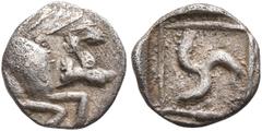 Greek LYCIA. Uncertain. Circa 480 BC. Hemiobol (?) (Silver, 8 mm, 0.27 g). Forepart of a boar to right. Rev. Triskeles within linear square within incuse square. Müseler -, cf. II, 23 (diobol and boar