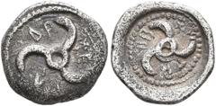 Greek DYNASTS OF LYCIA. Trbbenimi, circa 390-370 BC. Obol (Silver, 10 mm, 0.76 g), Wedrei. 𐊇𐊁-𐊅𐊕-𐊁𐊆 Triskeles. Rev. 𐊗𐊕-𐊂𐊂-𐊚𐊏 Triskeles; all within circular incuse. Müseler -, cf. VIII, 17 