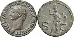 Roman Imperial Claudius, 41-54. As (Bronze, 28 mm, 10.71 g, 6 h), Rome, circa 50-54. TI CLAVDIVS CAESAR AVG P M TR P IMP P P Bare head of Claudius to left. Rev. S - C Minerva, helmeted, advancing righ