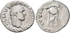 Roman Imperial Vitellius, 69. Denarius (Silver, 19 mm, 3.17 g, 6 h), Rome, late April-20 December 69. A VITELLIVS GERMAN IMP TR P Laureate head of Vitellius to right. Rev. XV VIR SACR FAC Tripod with 