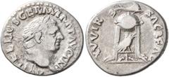 Roman Imperial Vitellius, 69. Denarius (Silver, 18 mm, 3.21 g, 7 h), Rome, late April-20 December 69. A VITELLIVS GERM IMP AVG TR P Laureate head of Vitellius to right. Rev. XV VIR SACR FAC Tripod wit