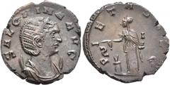 Roman Imperial Salonina, Augusta, 254-268. Antoninianus (Bronze, 20 mm, 3.00 g, 7 h), Siscia, 267-268. SALONINA AVG Draped bust of Salonina set to right on crescent. Rev. PIETAS AVG / S - I Pietas sta