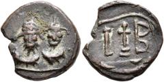 Byzantine Heraclius, with Heraclius Constantine, 610-641. 12 Nummi (Bronze, 17 mm, 3.85 g, 6 h), a crude and irregular imitation of a dodekanummia from Alexandria. Irregular mint in Egypt, perhaps und