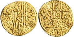 Early Medieval & Islamic ISLAMIC, Ottoman Empire. Salim II, AH 974-982 / AD 1566-1574. Sultani (Gold, 19 mm, 3.35 g, 4 h), Halab, AH 974 = AD 1566. Pere 235 var. (differing arrangement of symbols). Su