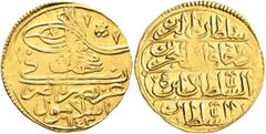 Early Medieval & Islamic ISLAMIC, Ottoman Empire. Mahmud I, AH 1143-1168 / AD 1730-1754. Zeri Mahbub (Gold, 20 mm, 2.60 g, 12 h), Islambul, AH 1143 = AD 1730. Pere 556. Sultan 1035. Light areas of wea