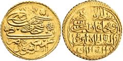 Early Medieval & Islamic ISLAMIC, Ottoman Empire. Mahmud I, AH 1143-1168 / AD 1730-1754. 1/2 Zeri Mahbub (Gold, 19 mm, 2.60 g, 1 h), Islambul, AH 1143 = AD 1730. Pere 557. Sultan 1043 var. (differing 